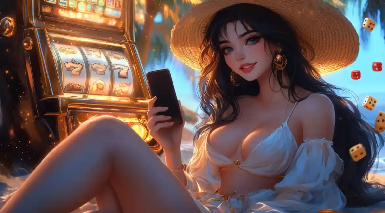 Beautiful woman in straw hat with phone next to golden slot machine