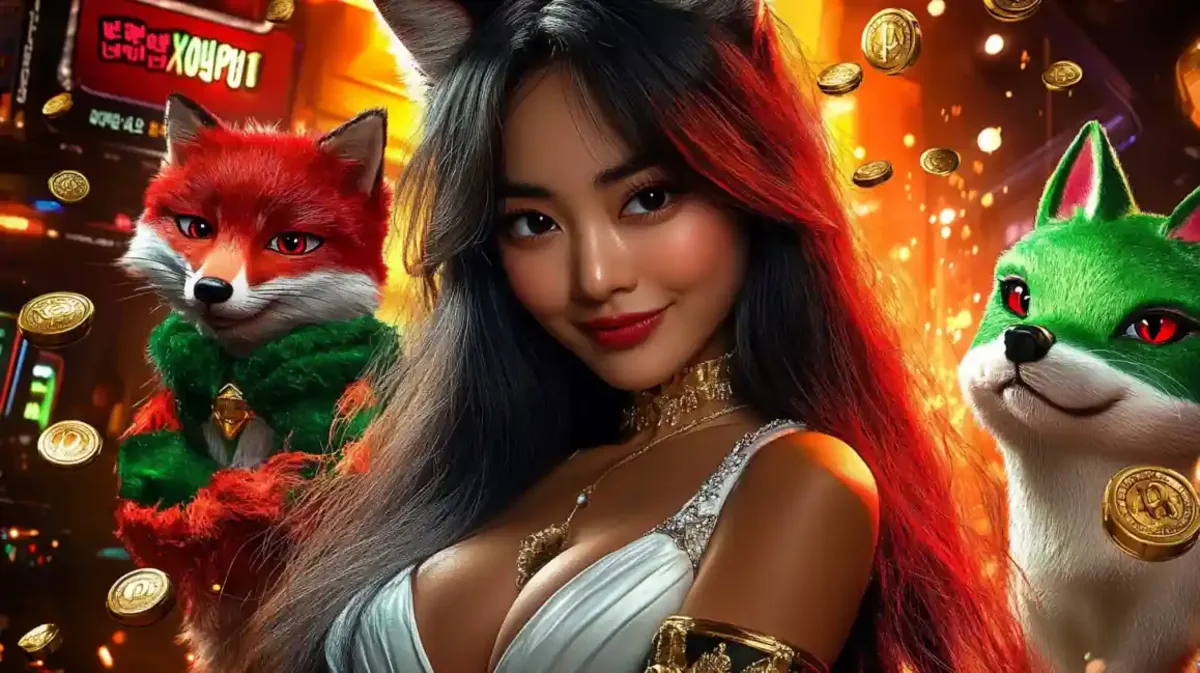 Elegant woman with red and green fox companions in golden coin rain